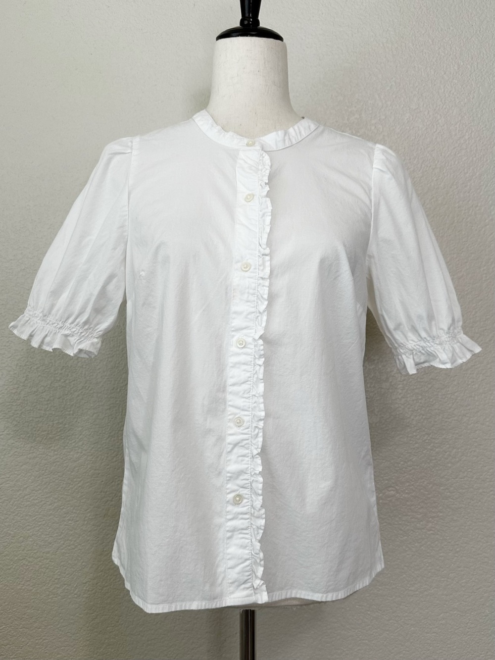 J. Crew White Cotton Blend Ruffle Puff Sleeves Button Down Shirt, Sz Small